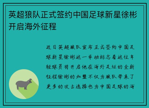英超狼队正式签约中国足球新星徐彬开启海外征程