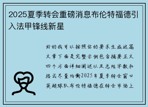 2025夏季转会重磅消息布伦特福德引入法甲锋线新星