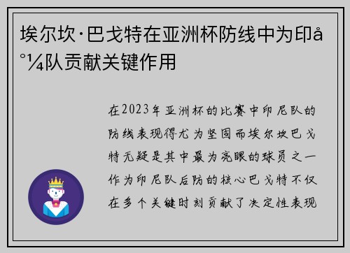 埃尔坎·巴戈特在亚洲杯防线中为印尼队贡献关键作用